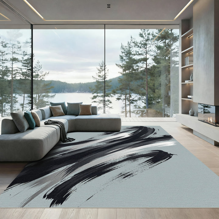 Abstract Black Silver Brushstrokes Rug