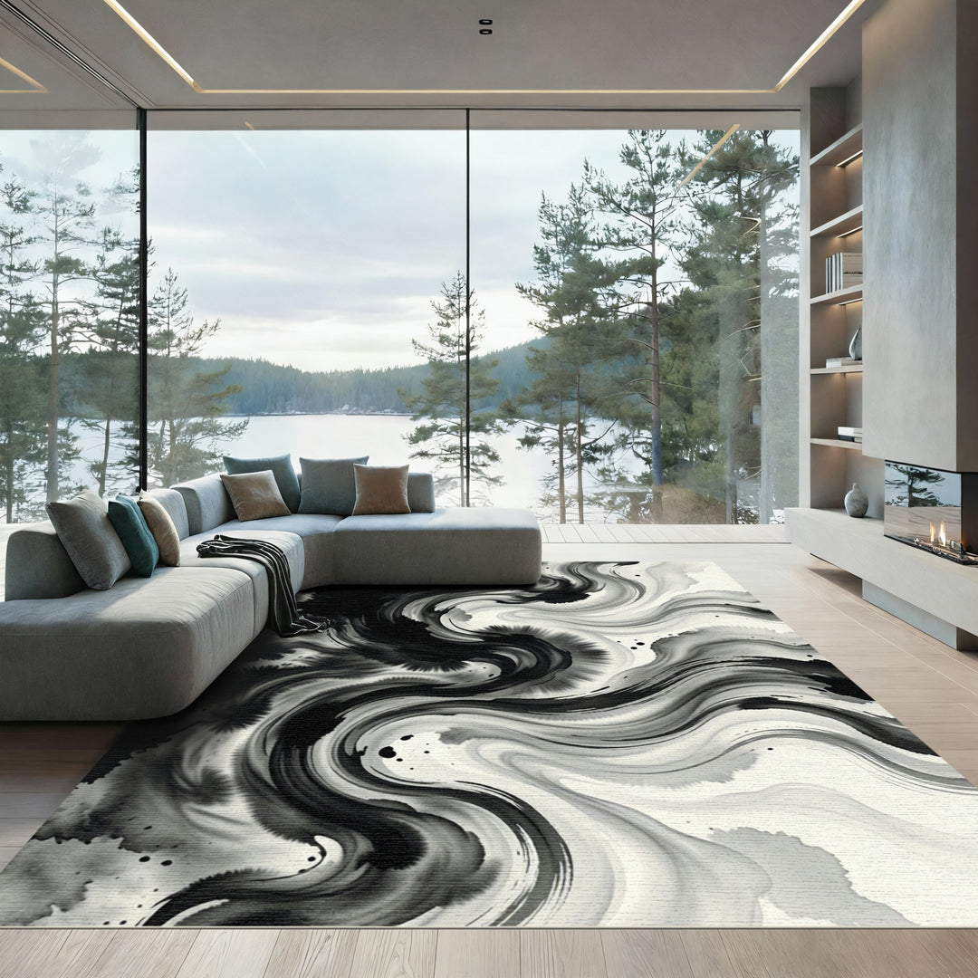 Monochromatic Swirling Inkblot Abstract Rug