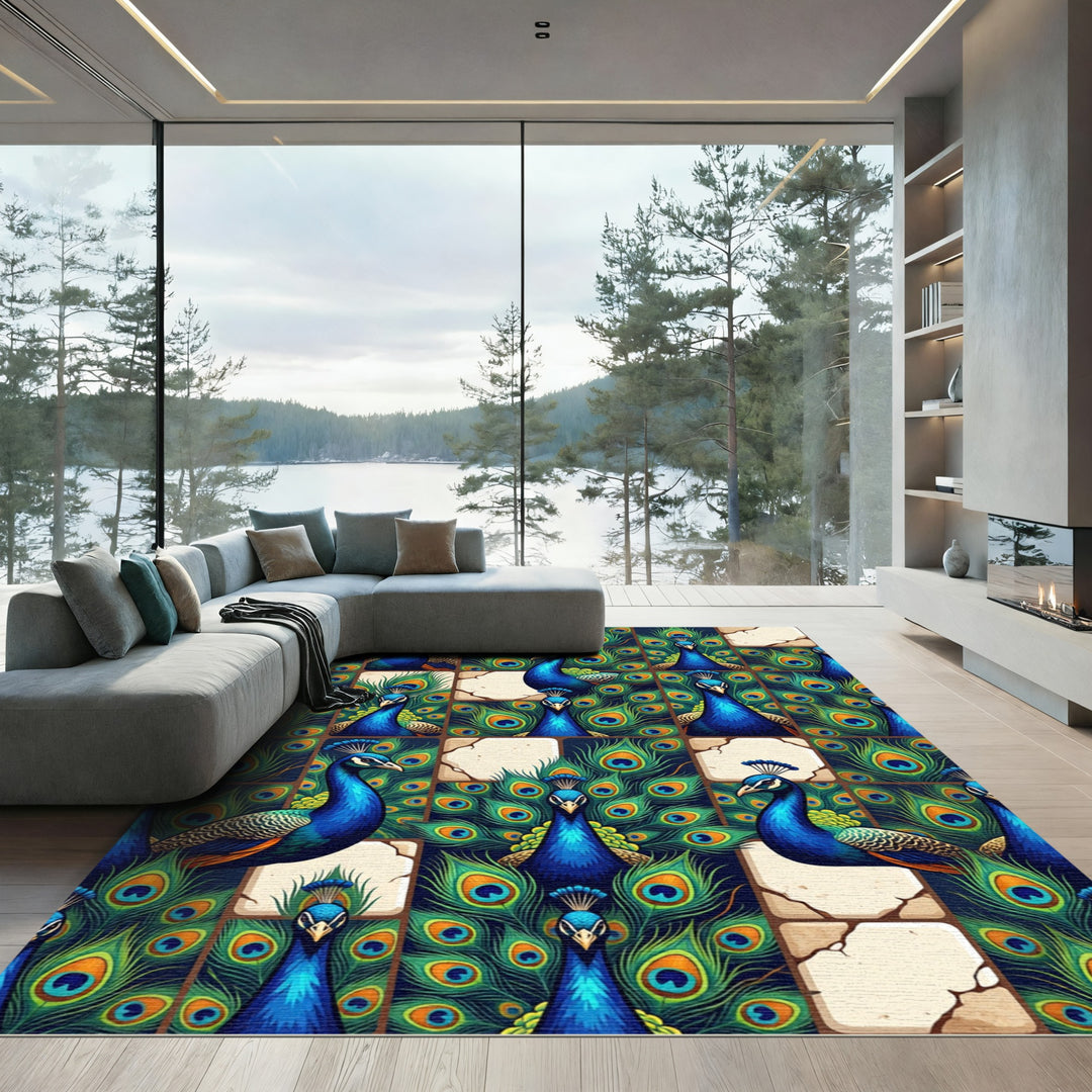 Majestic Blue Peacock Feather Tapestry Rug