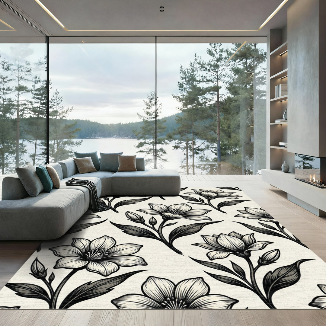 Classic Black White Lily Floral Rug