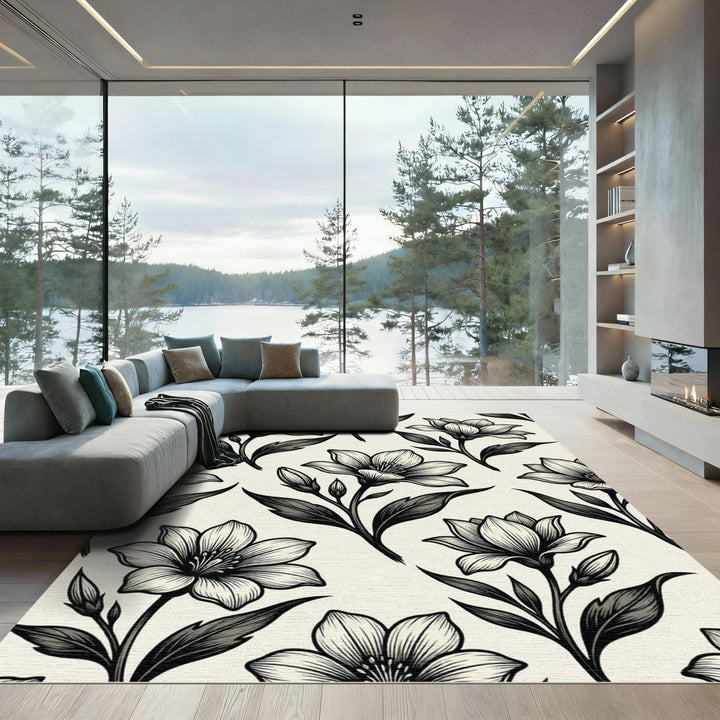 Classic Black White Lily Floral Rug
