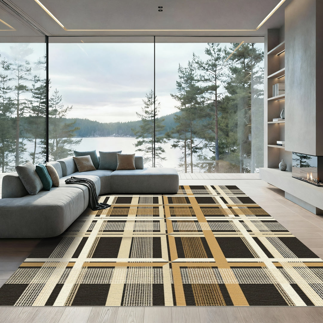 Classic Tan Plaid Grid Rug