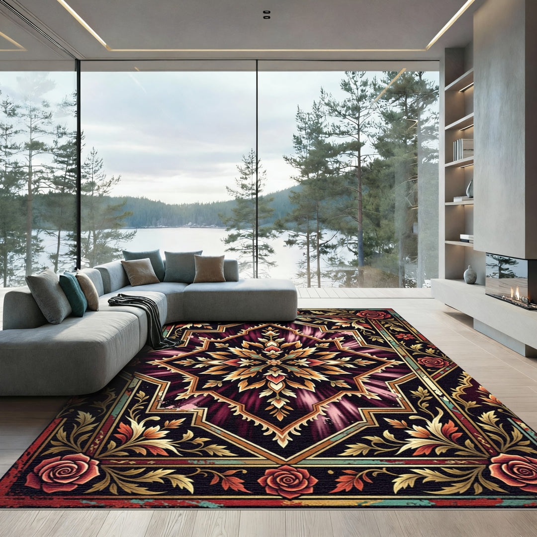 Crimson Golden Floral Medallion Rug