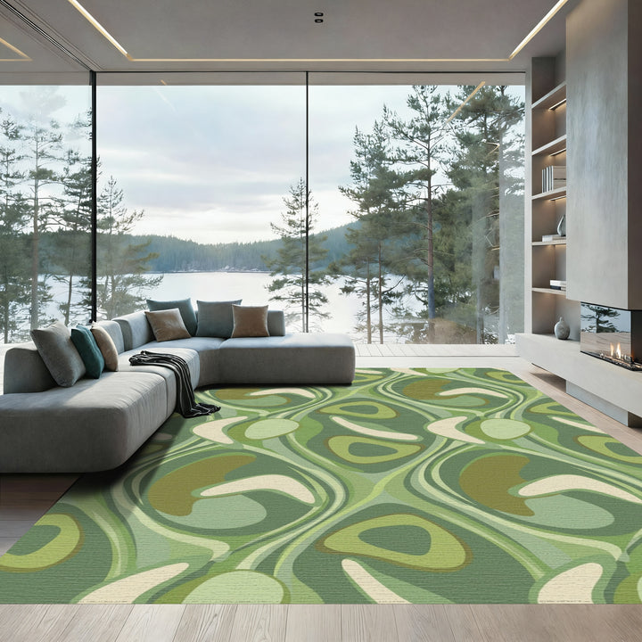 Retro Green Abstract Swirl Rug