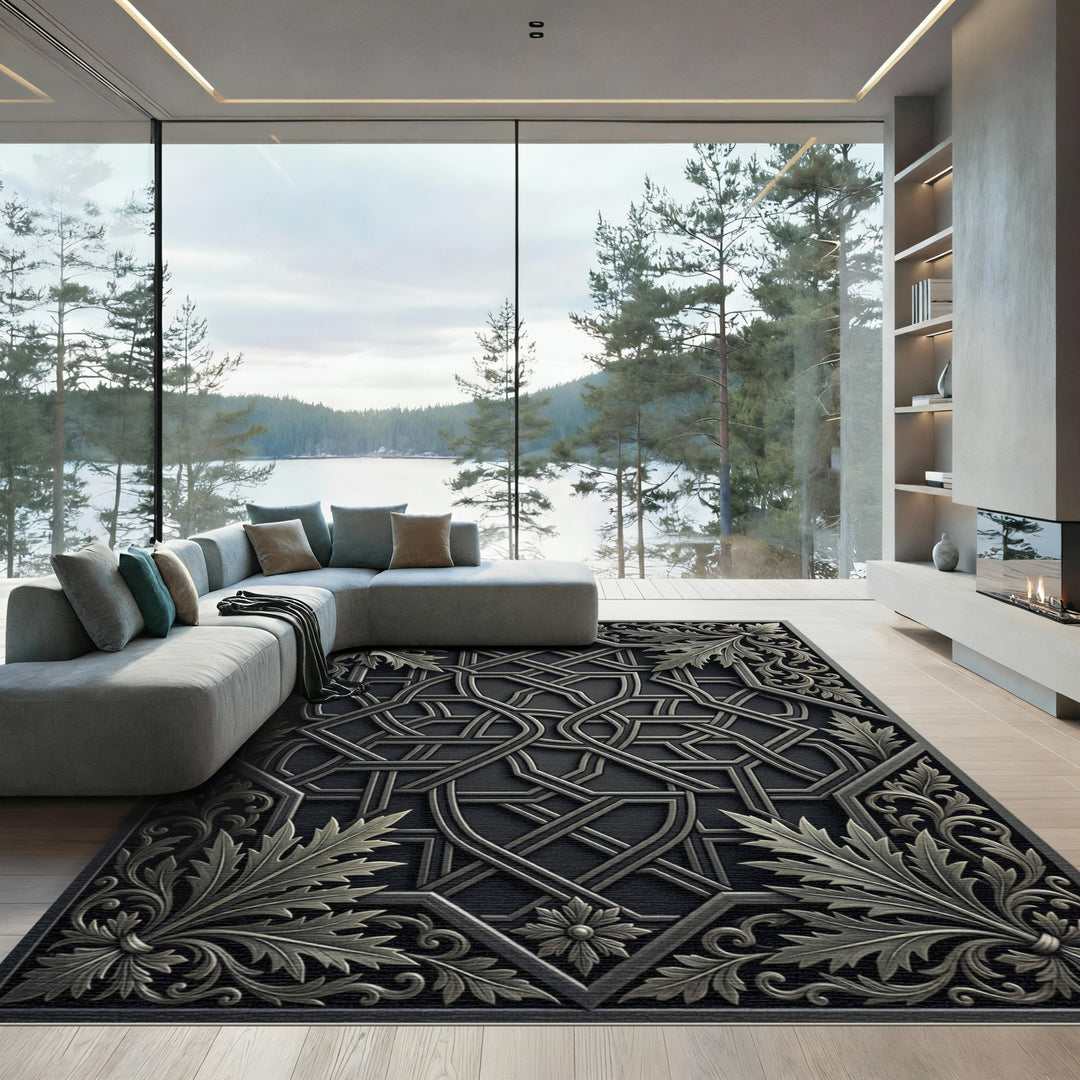Elaborate Silver Foliage Geometric Interlace Rug