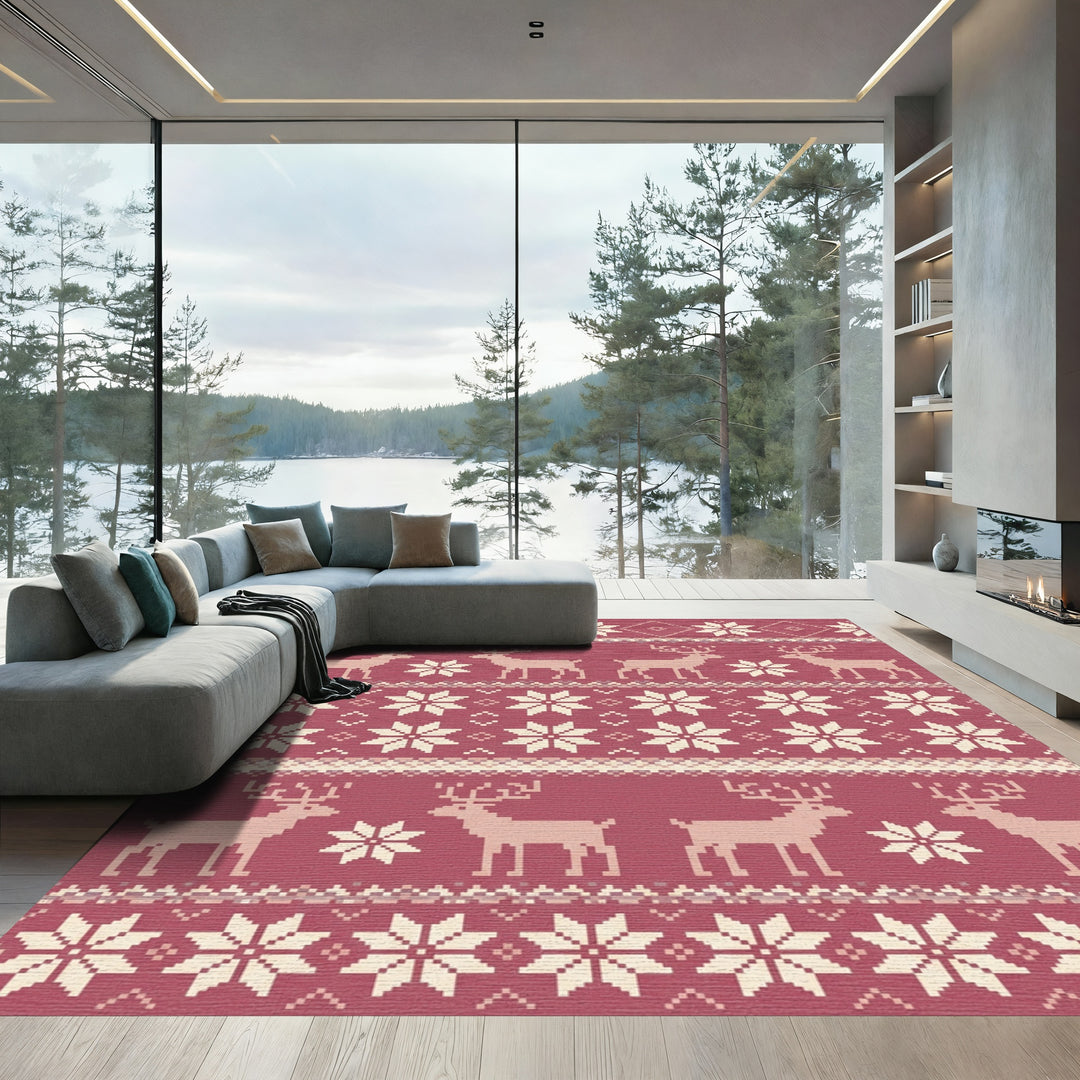 Burgundy Reindeer Snowflake Nordic Stripes Rug