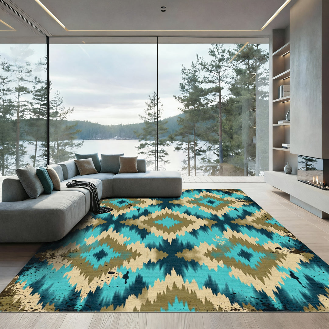 Coastal Turquoise Tan Diamond Splash Rug