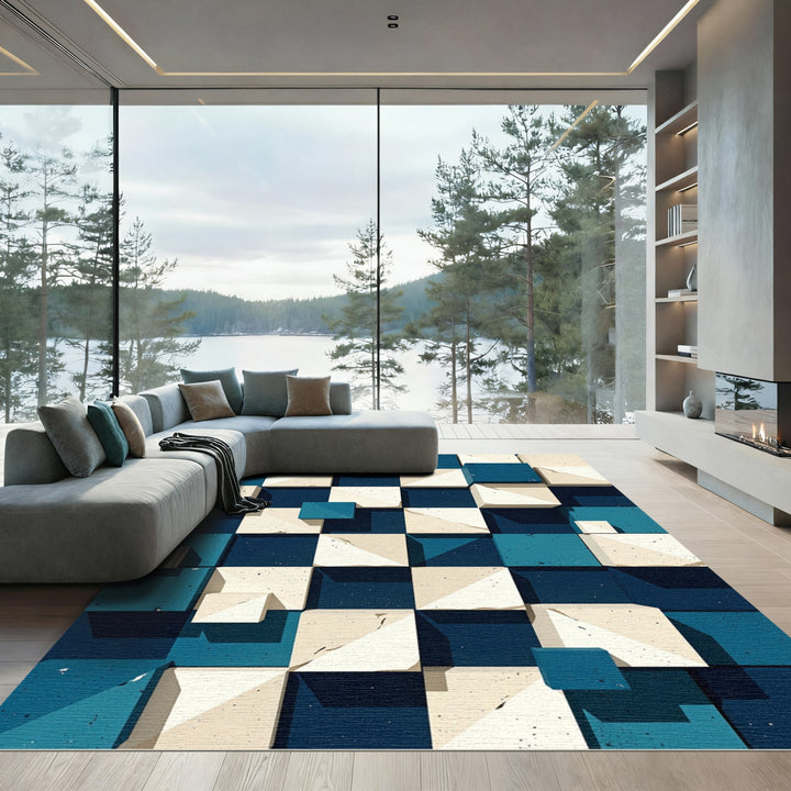 Modern Blue Beige Cubism Rug
