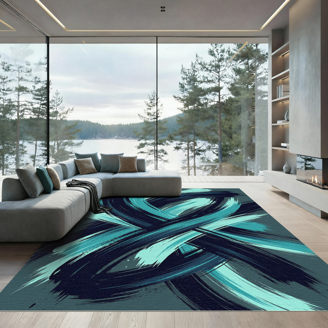 Deep Teal Abstract Brush Stroke Rug