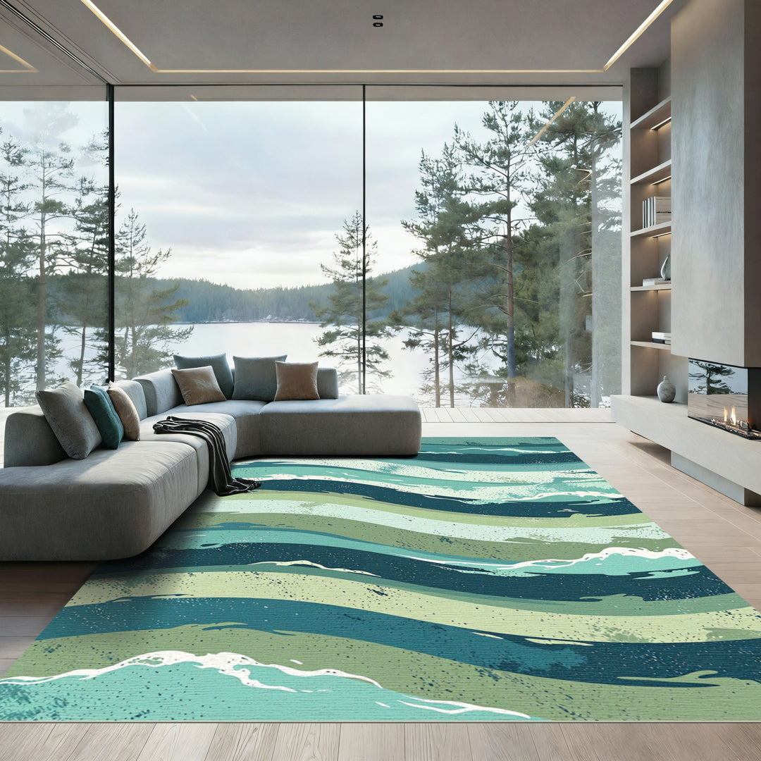 Deep Teal Serene Flowing Waves Rug