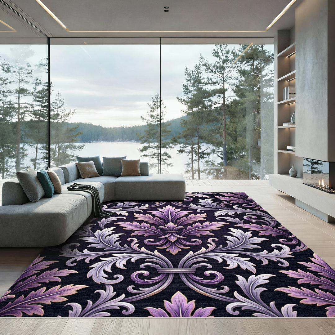Lavish Purple Silver Damask Flourish Rug
