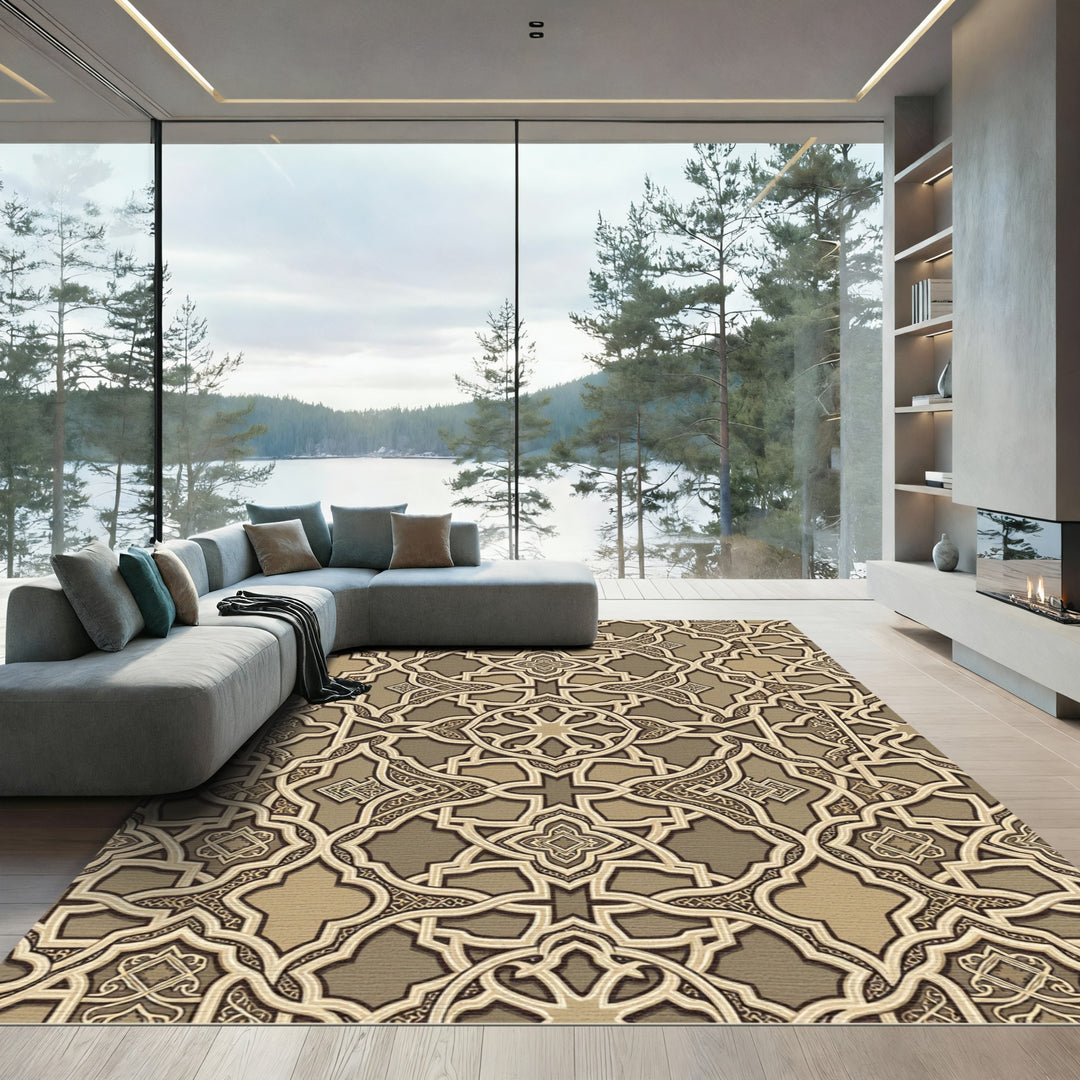 Ornate Tan Geometric Arabesque Rug