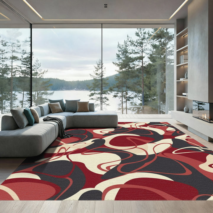 Warm Red Abstract Wavy Flow Rug