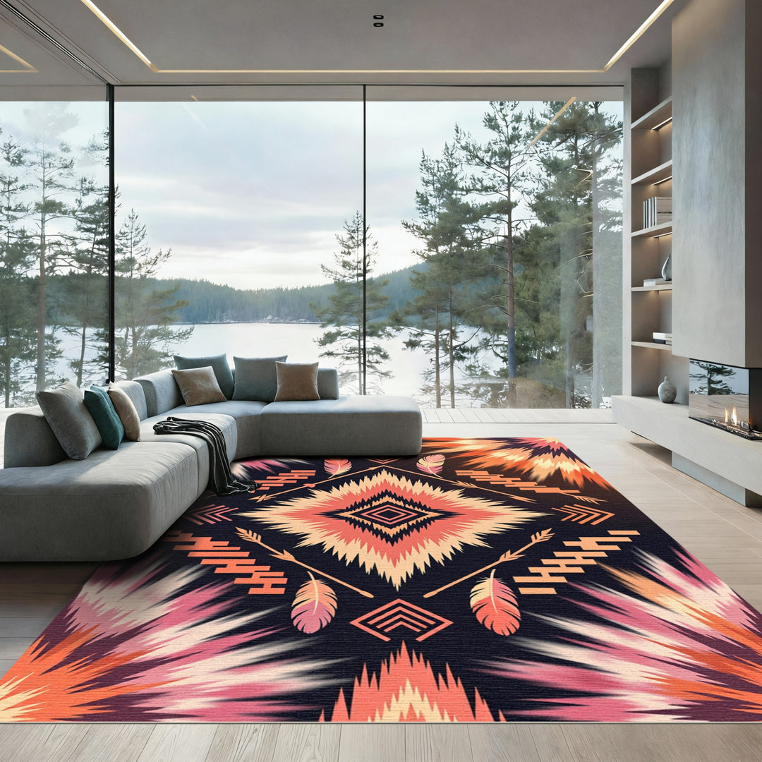 Fiery Sunburst Feather Diamond Rug