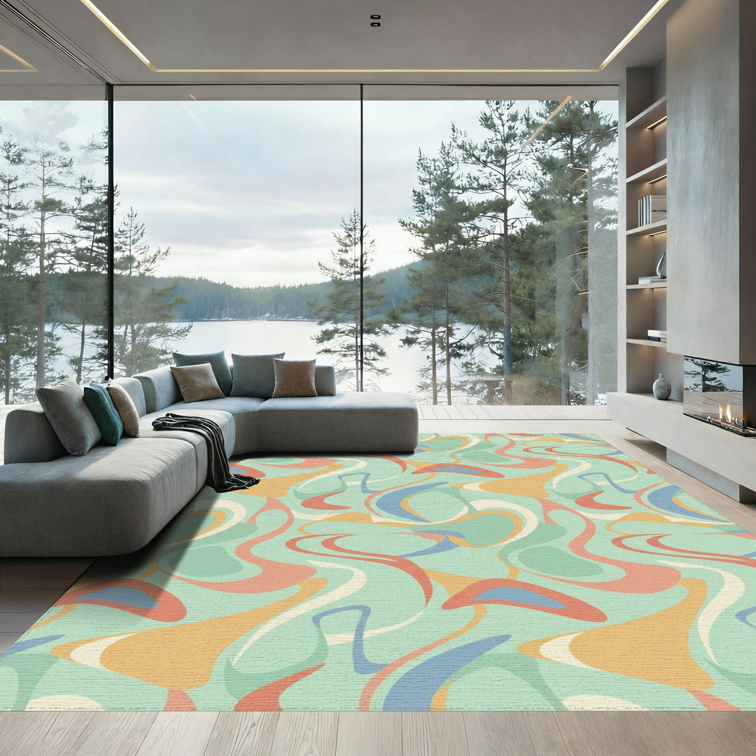 Retro Swirl Abstract Peach Blue Cream Rug
