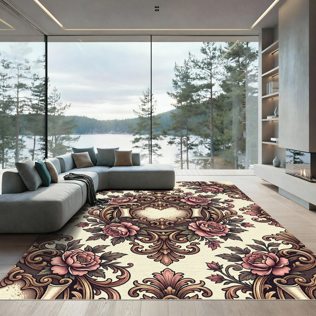 Baroque Pink Rose Scrolls Ornament Rug