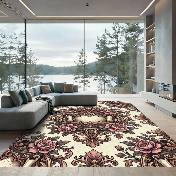 Baroque Pink Rose Scrolls Ornament Rug