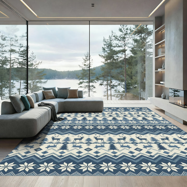 Nordic Blue Deer Snowflake Forest Rug