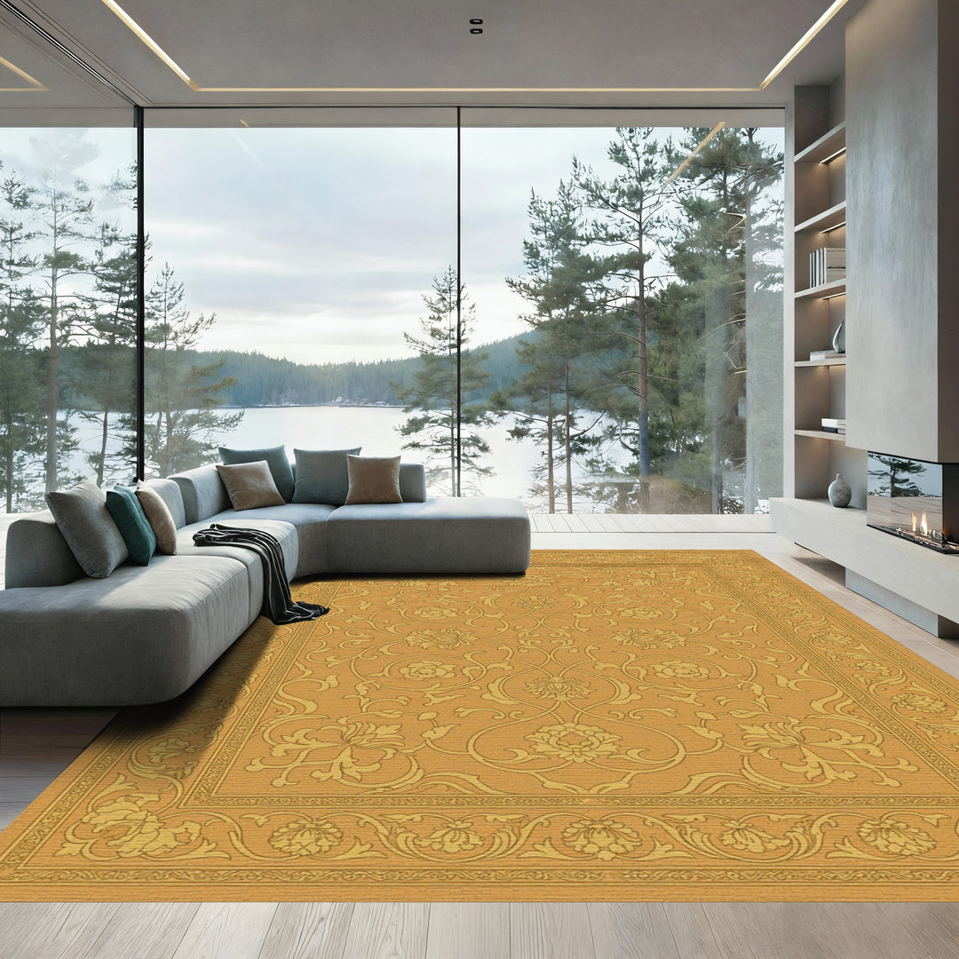 Golden Floral Arabesque Scroll Rug