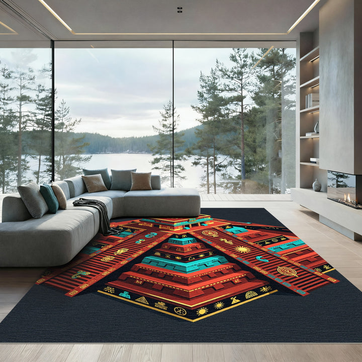 Aztec Sun Pyramid Red Teal Rug