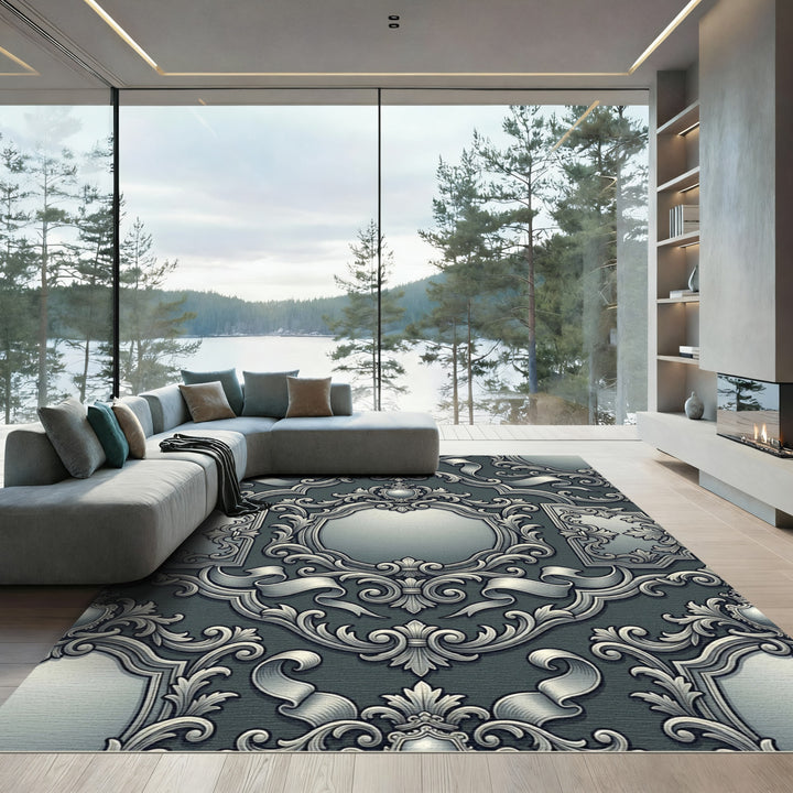 Ornate Silver Baroque Scroll Rug