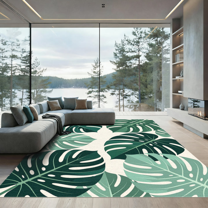 Deep Green Tropical Monstera Leaves Rug