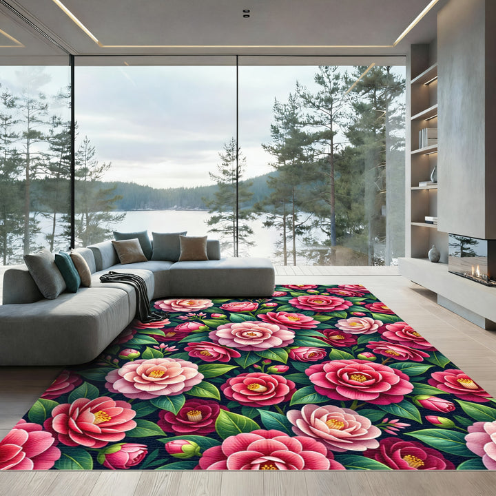 Vibrant Pink Camellia Garden Arrangement Rug
