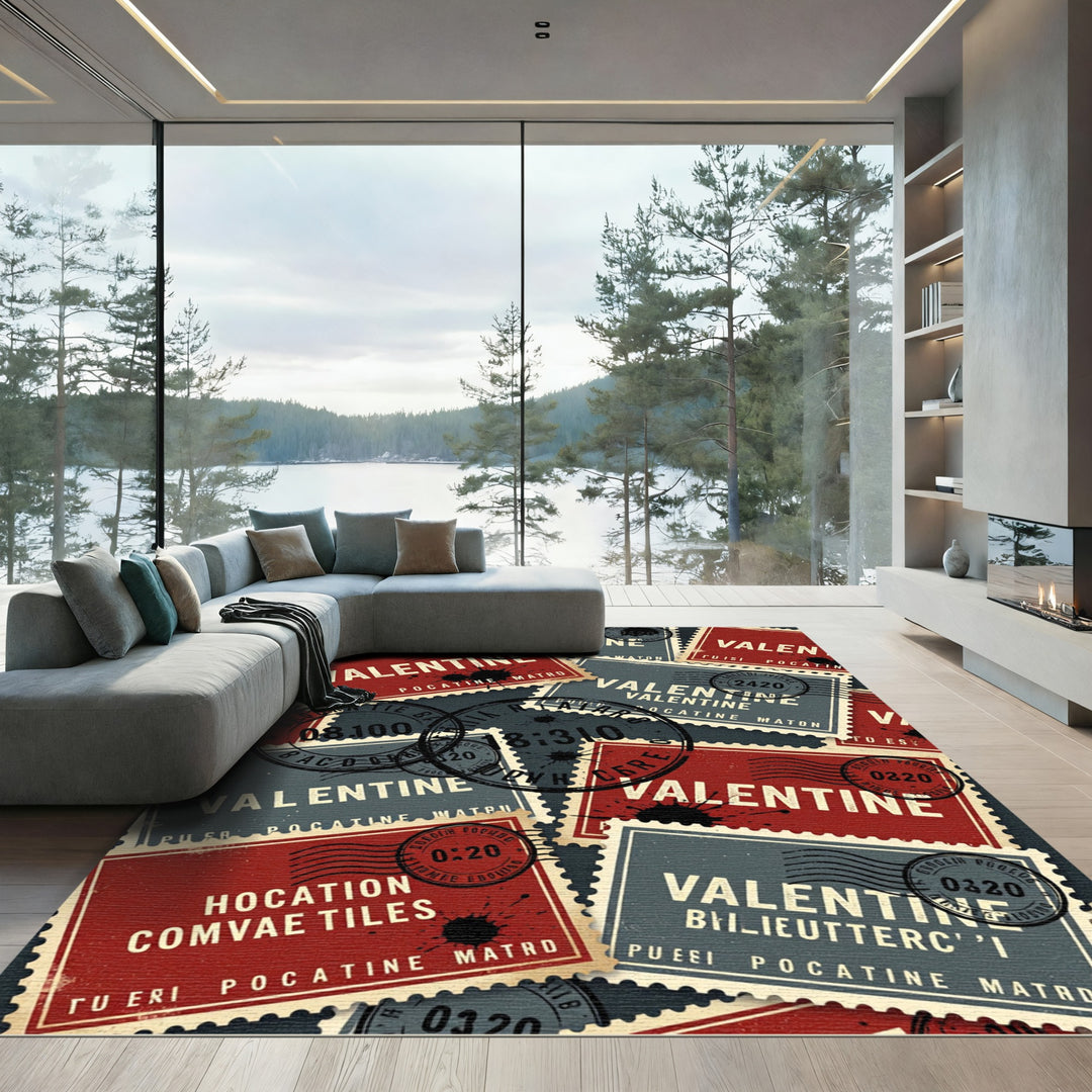 Vintage Red Gray Postage Stamp Rug