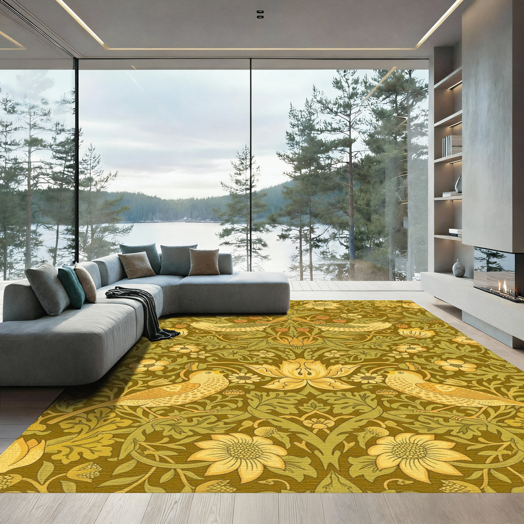Golden Bird Strawberry Floral Garden Rug