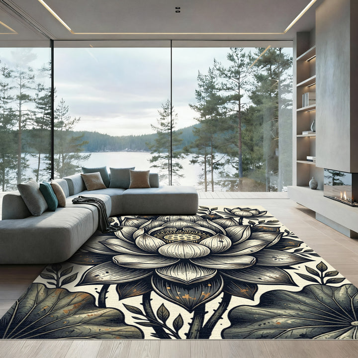 Monochromatic Lotus Flower Botanical Scene Rug