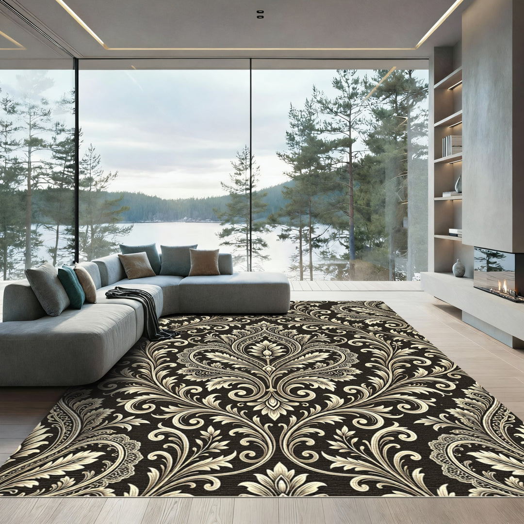 Earthy Cream Black Ornate Damask Rug