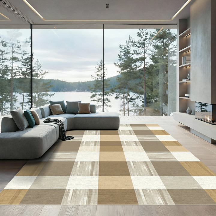 Tan Beige Gingham Plaid Rug