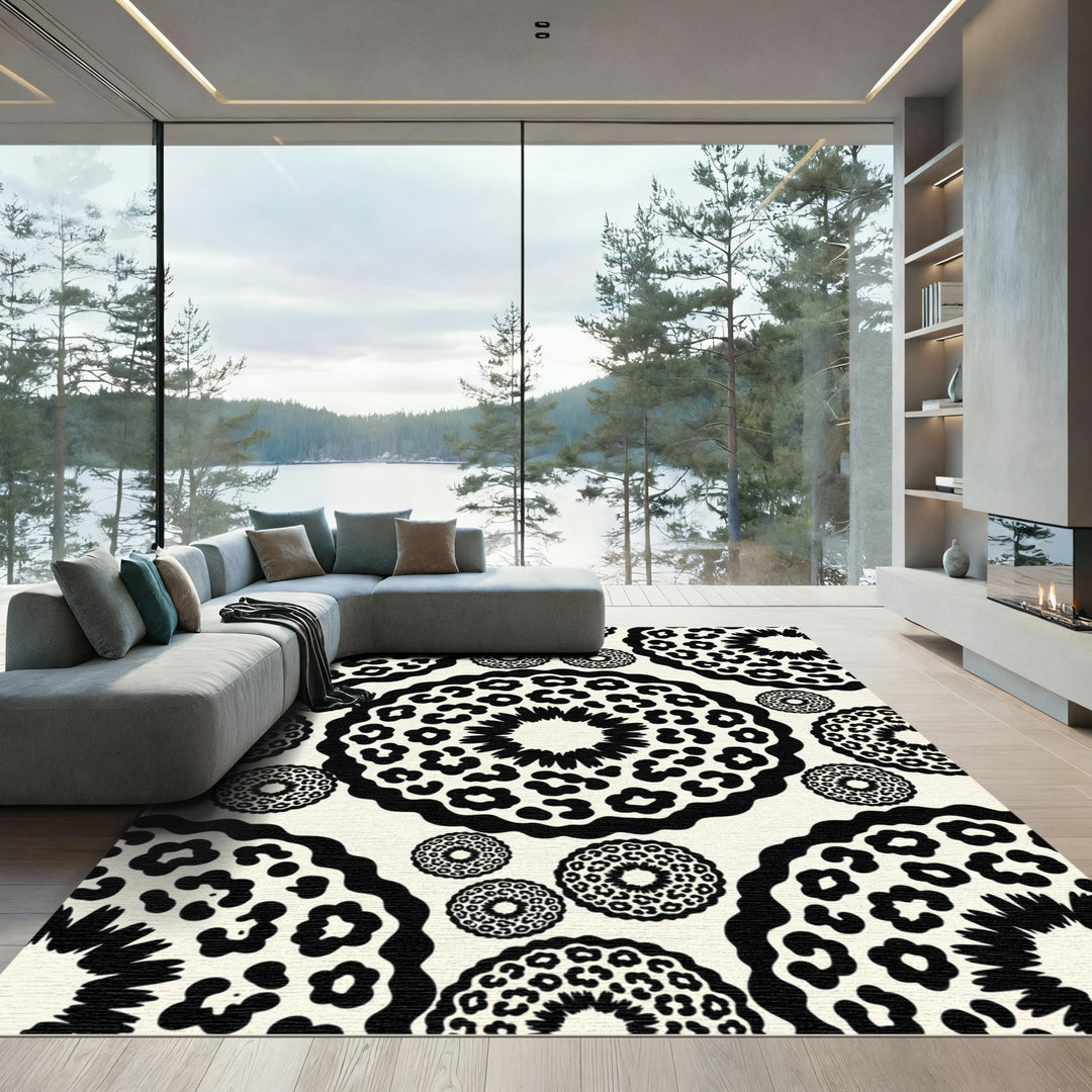 Black Cream Floral Leopard Medallions Rug