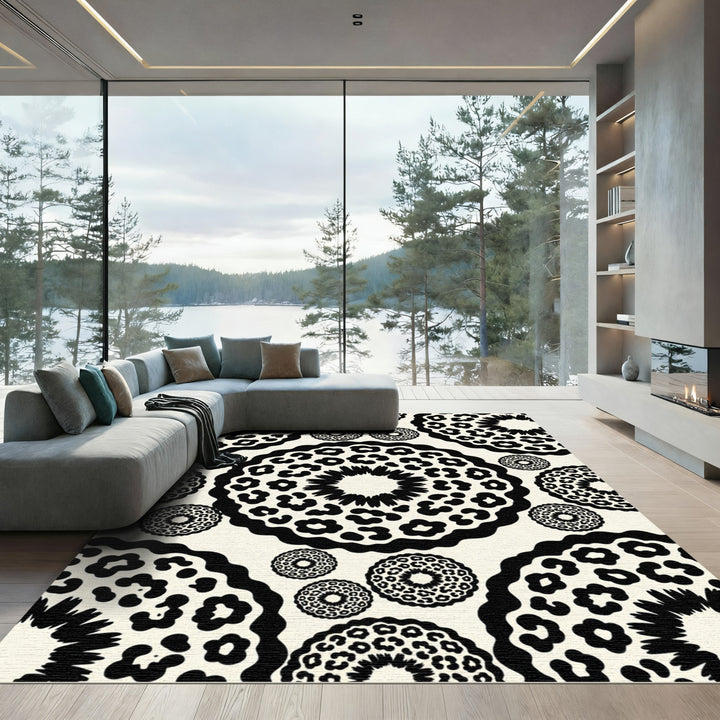 Black Cream Floral Leopard Medallions Rug