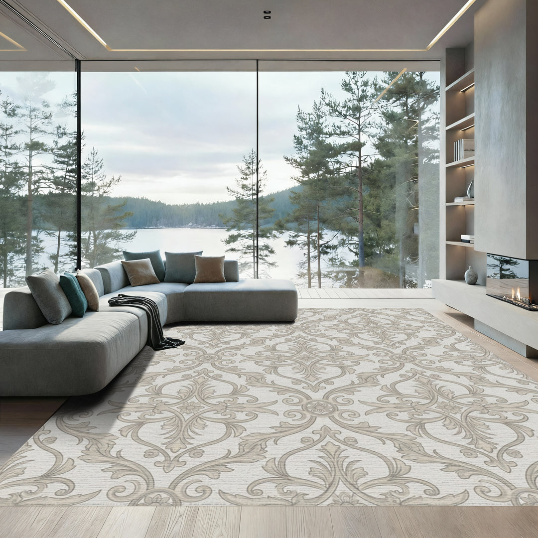 Ornate Tan Floral Damask Rug
