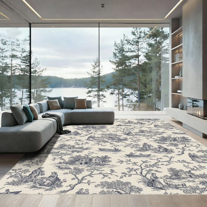 Navy Blue Toile Scene Classic Narrative Rug
