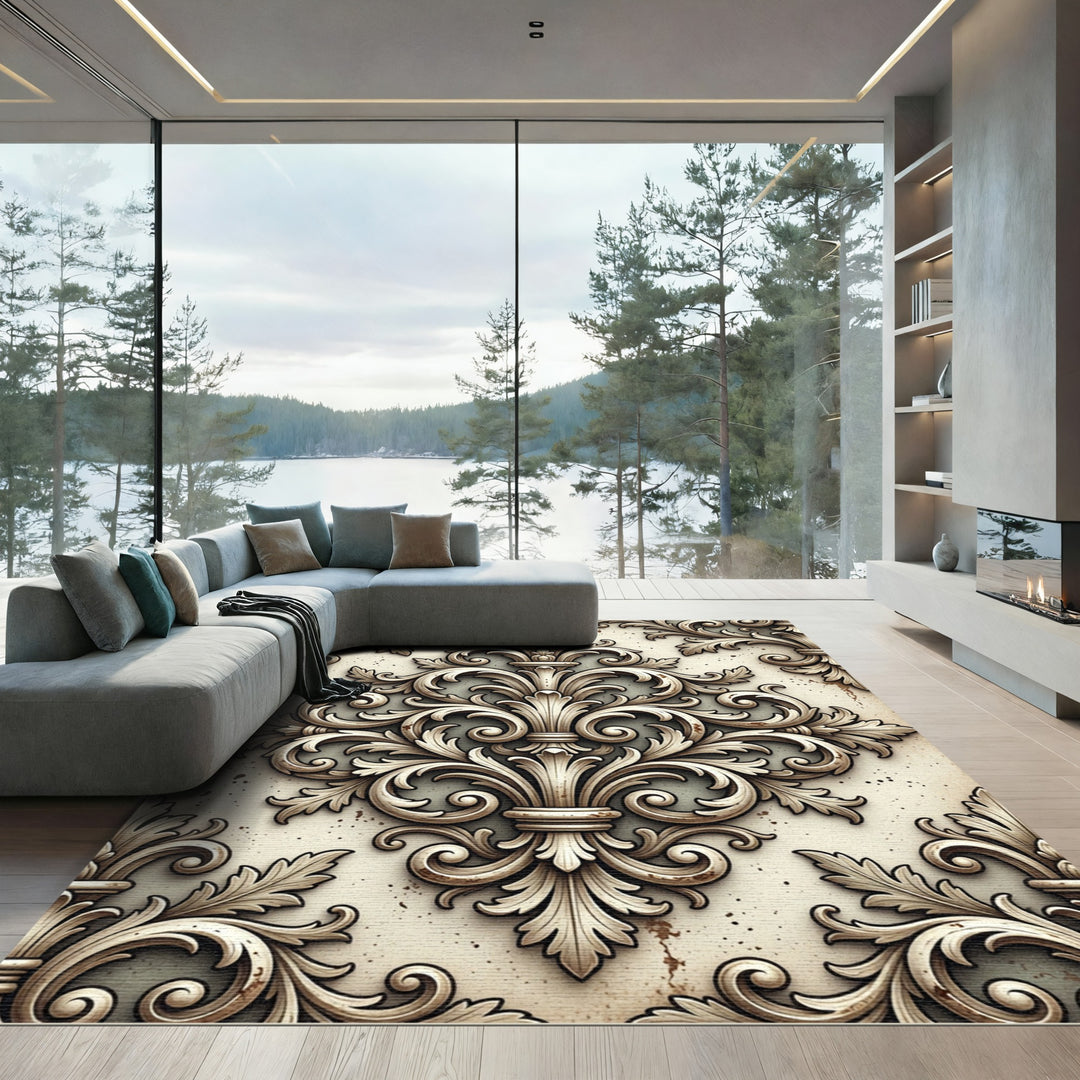 Ornate Ivory Fleur-De-Lis Relief Rug