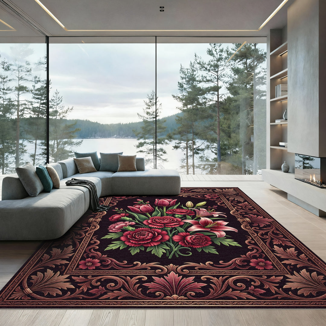 Baroque Crimson Floral Bouquet Rug