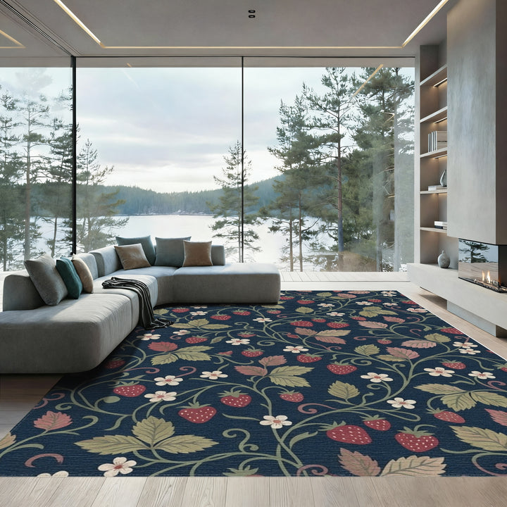 Navy Strawberry Vine Floral Rug