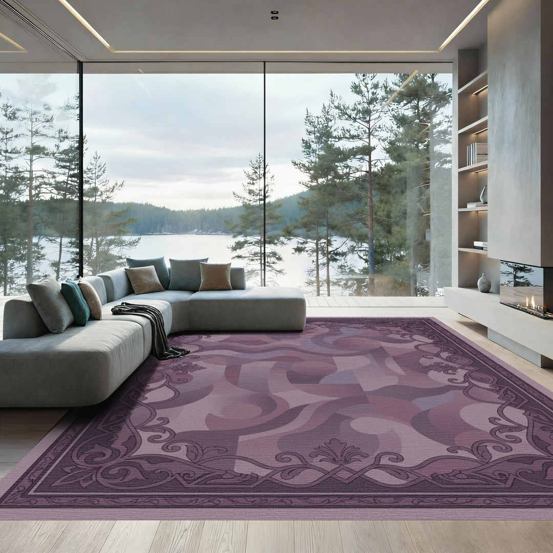 Mauve Abstract Swirl Medallion Frame Rug