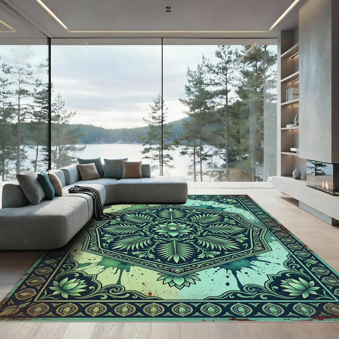 Emerald Green Floral Hexagon Medallion Rug