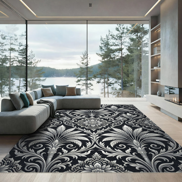 Damask Black White Floral Swirl Rug