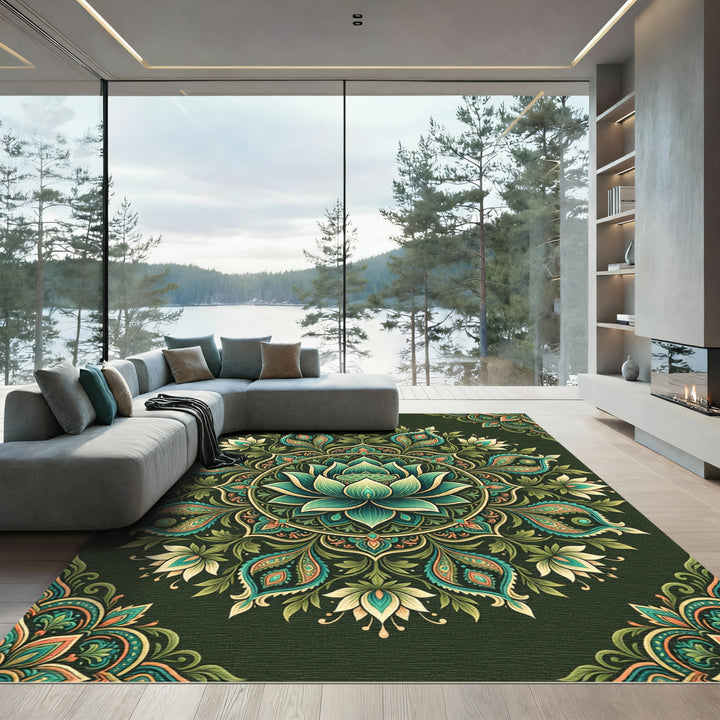 Emerald Lotus Mandala Rug Decor Rug