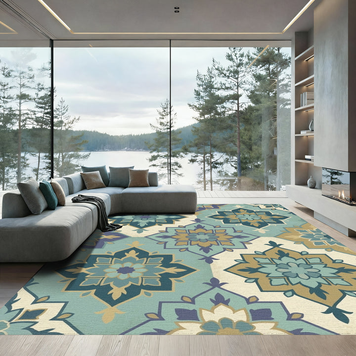 Teal Blue Gold Floral Lattice Rug