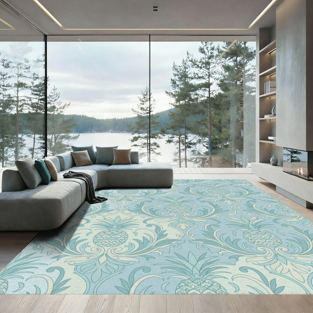 Pale Blue Pineapple Damask Rug
