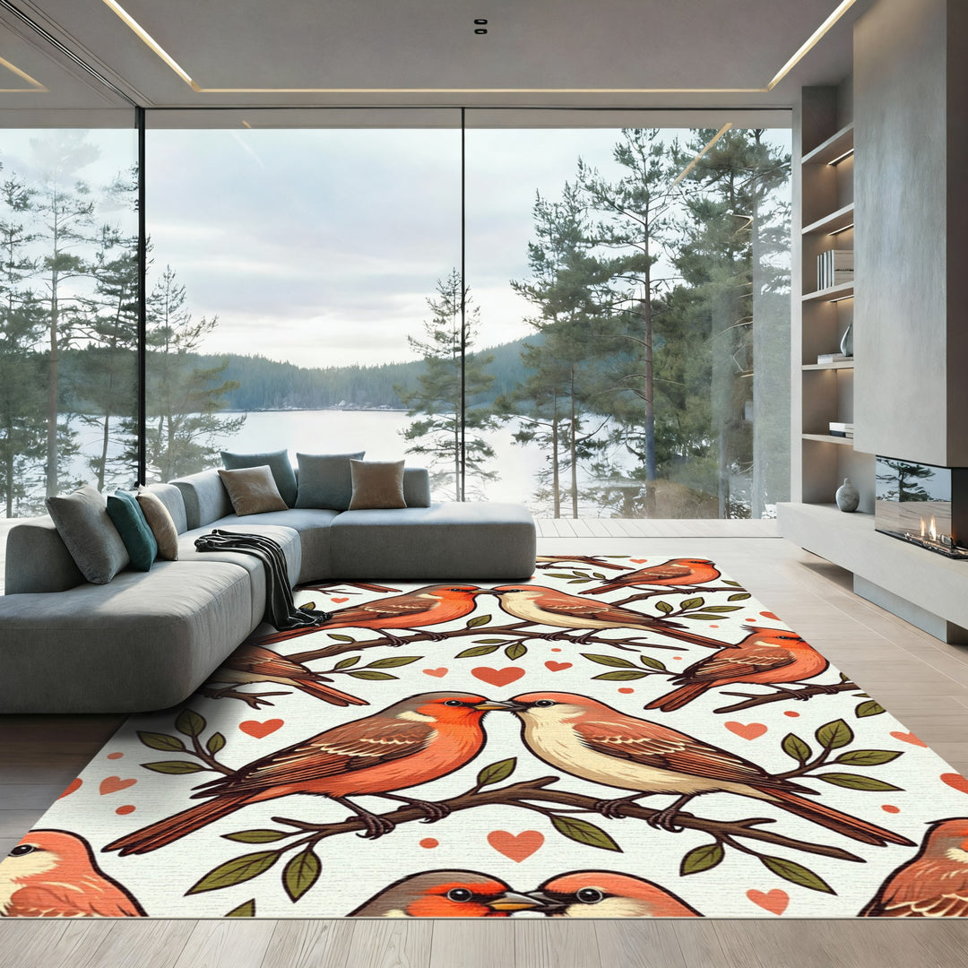 Charming Coral Birds Valentine Branches Rug