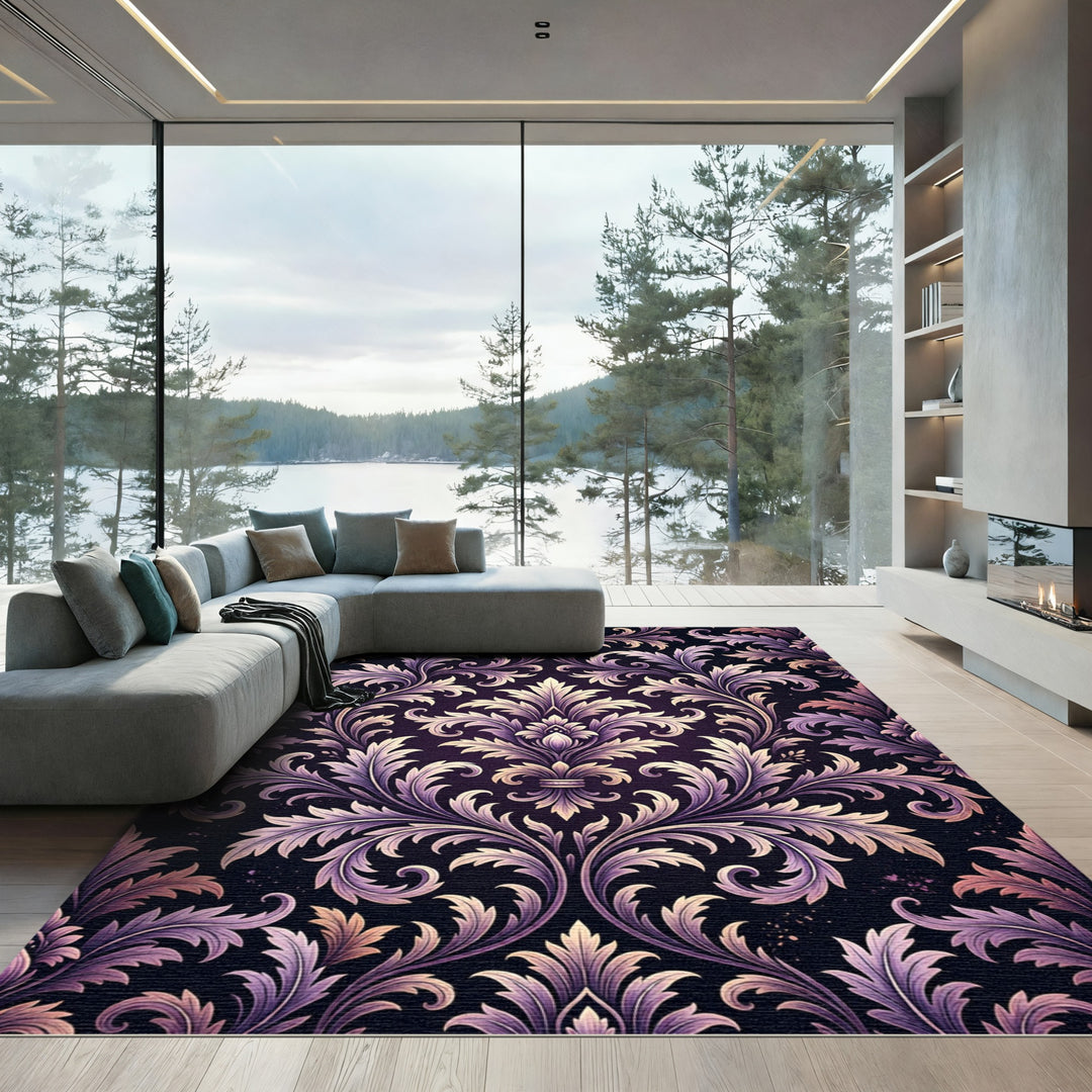 Ornate Purple Gold Damask Area Rug
