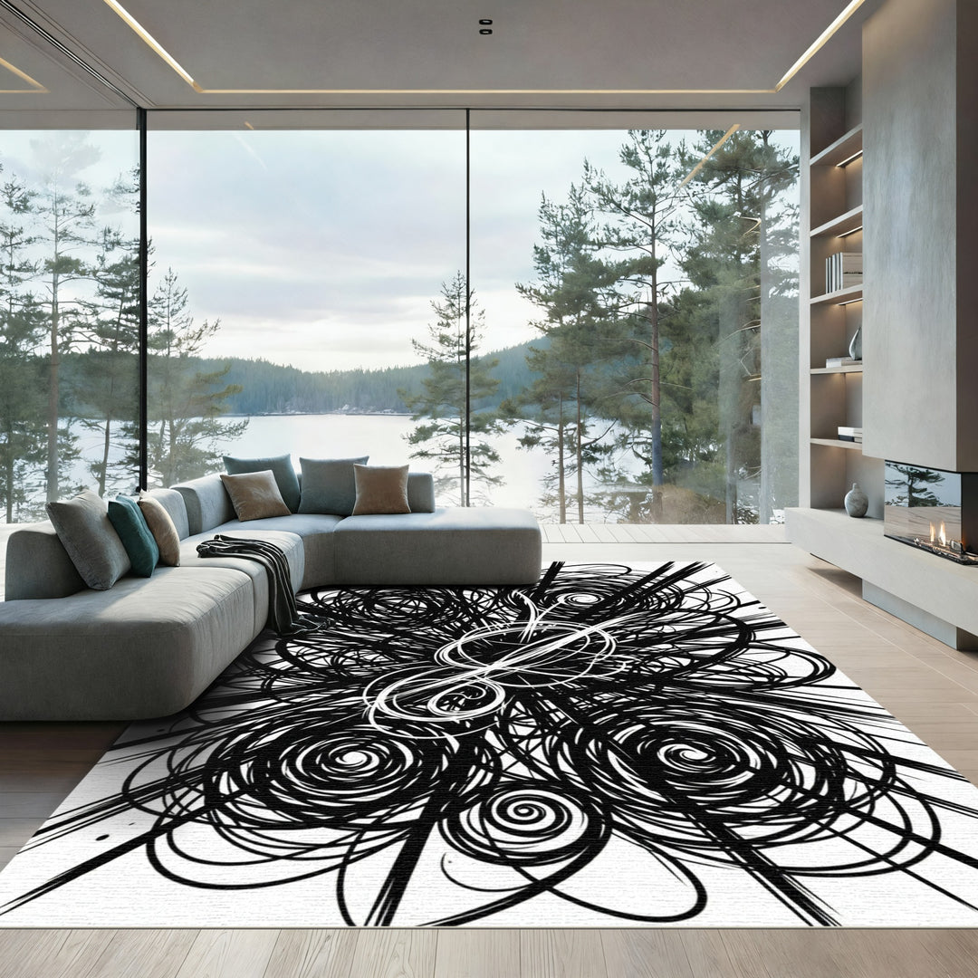 Black White Swirl Burst Composition Rug