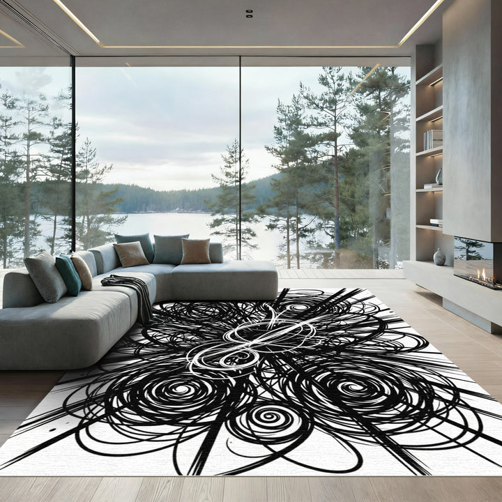Black White Swirl Burst Composition Rug