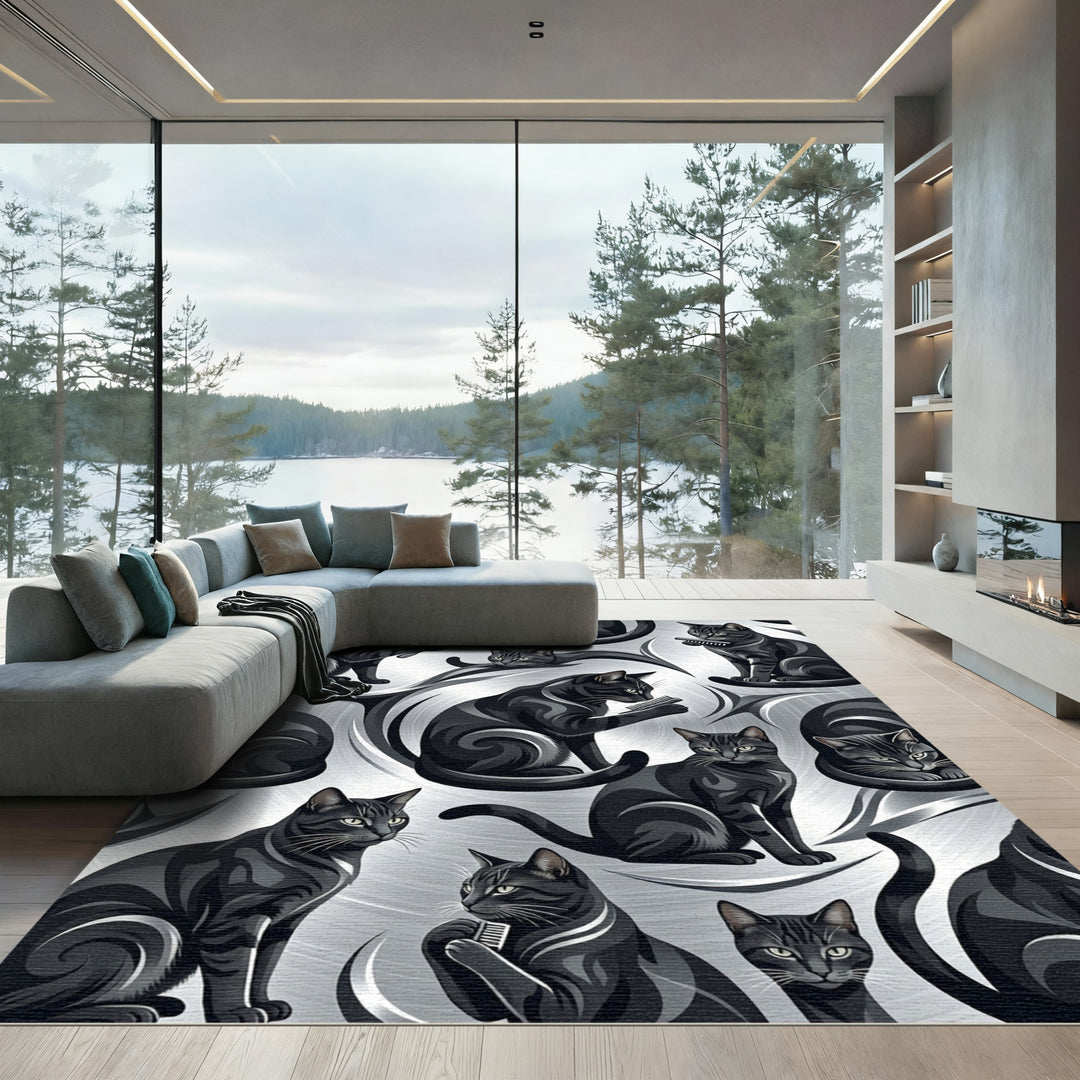 Sleek Black Cats Grooming Silver Swirls Rug